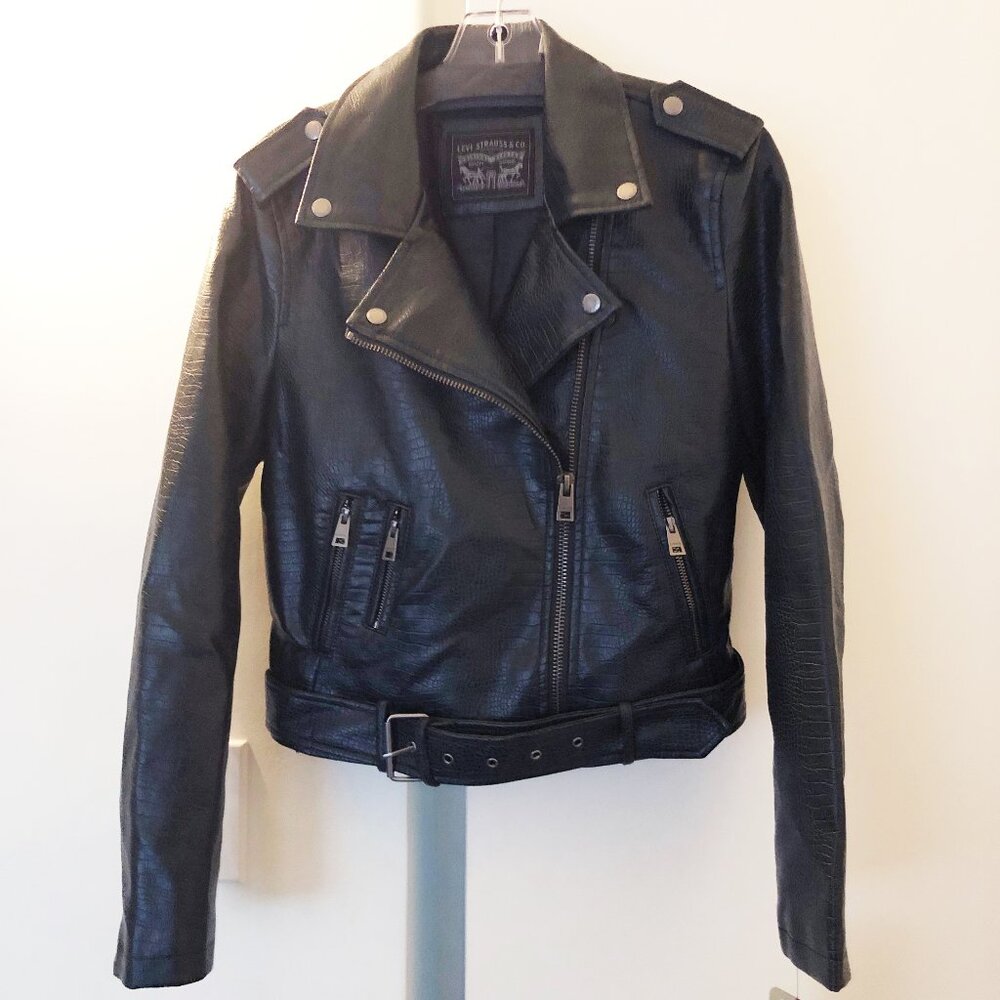 LEVI’S MOTO JACKET PYTHON SNAKESKIN FAUX-LEATHER BELTED HEM INDIGO BLUE M NWT